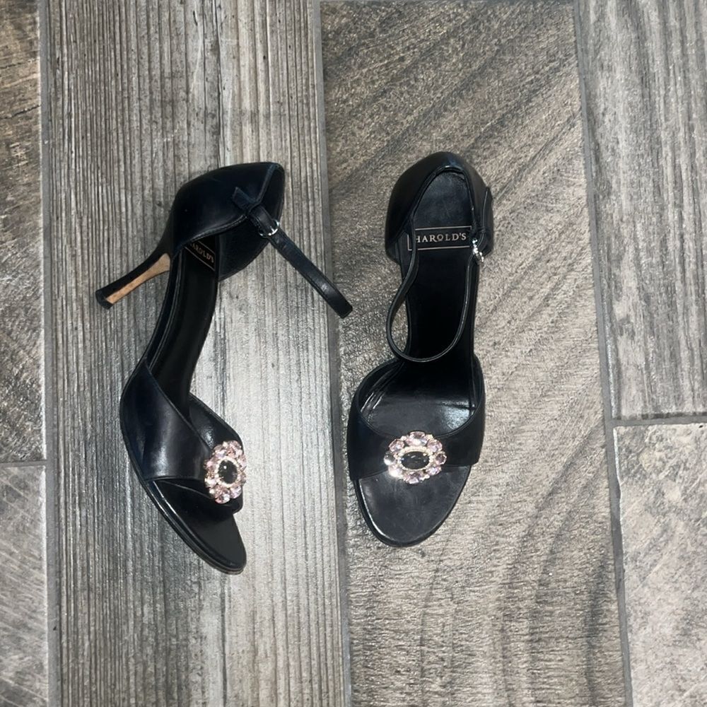 Vintage Harold’s black leather 3” wood heels w/ jeweled cutout toe.